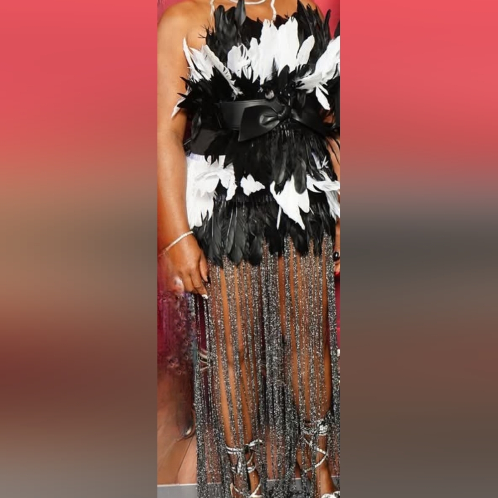 White/ Black feathered mini dress with tassels